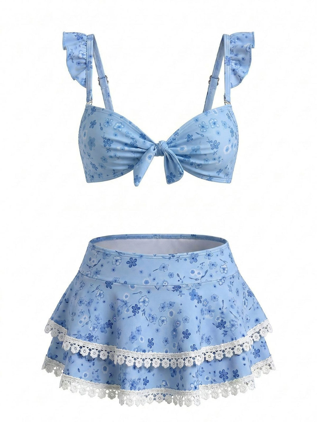 Blue Floral Ruffle Strap Lace-Trim Bikini Set - vintage swimsuit, swimwear for vintage lovers