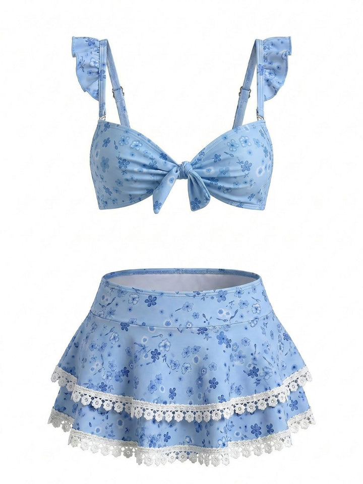 Blue Floral Ruffle Strap Lace-Trim Bikini Set - vintage swimsuit, swimwear for vintage lovers