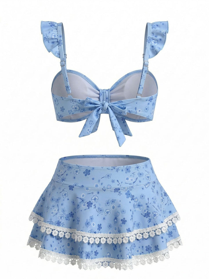 Blue Floral Ruffle Strap Lace-Trim Bikini Set - vintage swimsuit, swimwear for vintage lovers