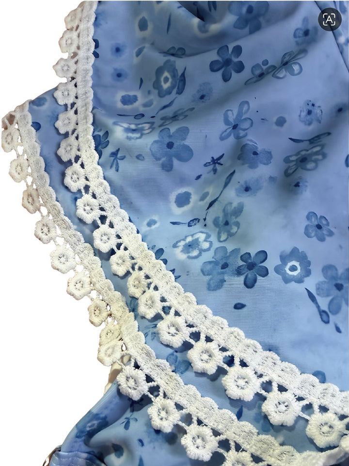 Blue Floral Ruffle Strap Lace-Trim Bikini Set - vintage swimsuit, swimwear for vintage lovers
