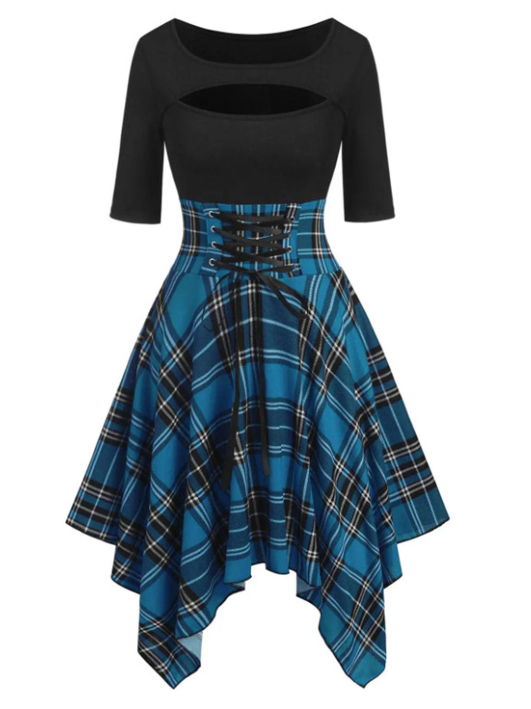 She slips into this Blue 1950s Gingham Patchwork Dress and suddenly it&