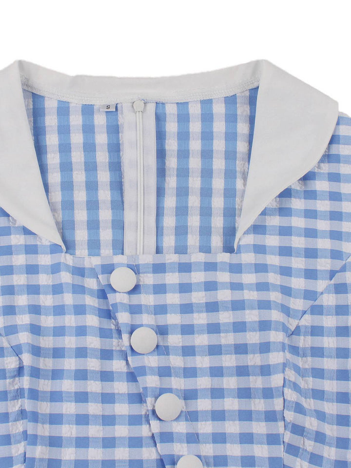 Blue 1950s Gingham Plaid Ruffle Swing Dress - vintage dress, retro fashion, rockabilly