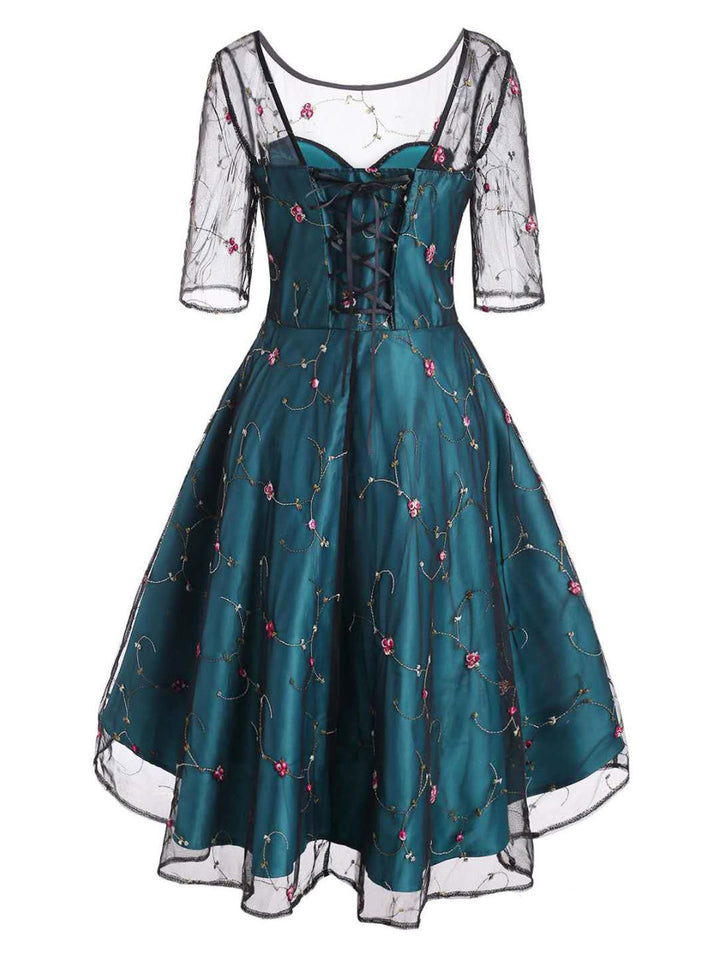 Blue 1950s Lace Hi-Lo Swing Dress: timeless style reimagined