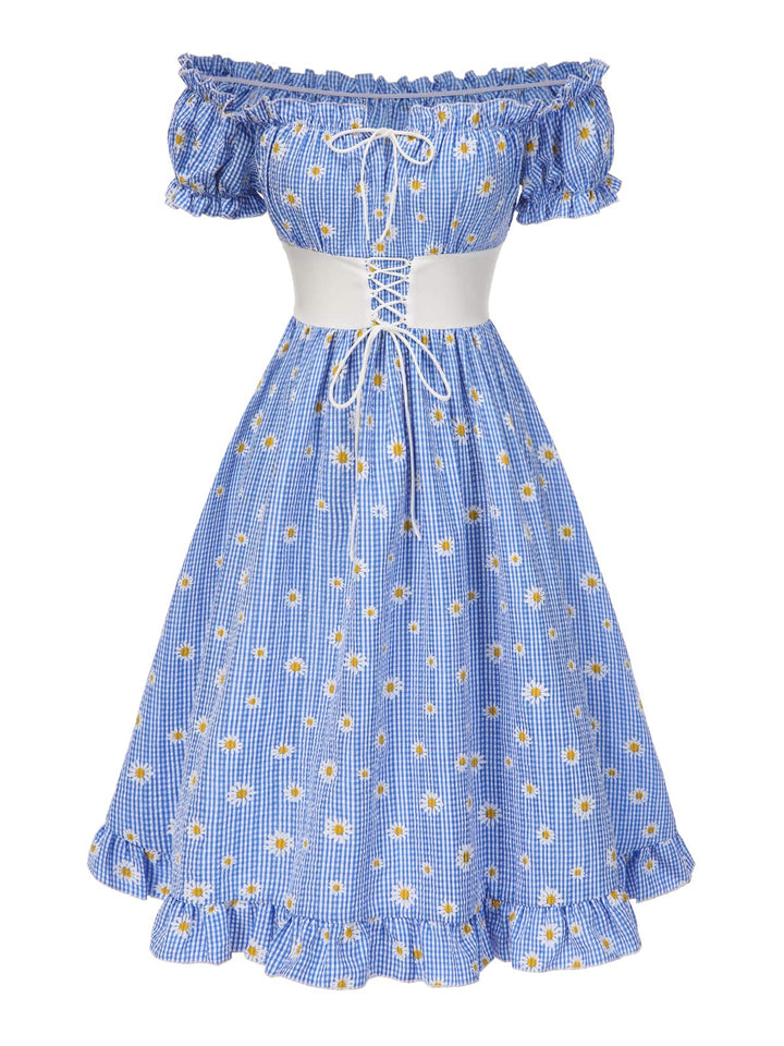 Blue 1950s Off-Shoulder Plaids Daisy Lace-Up Dress - vintage dress, retro fashion, rockabilly