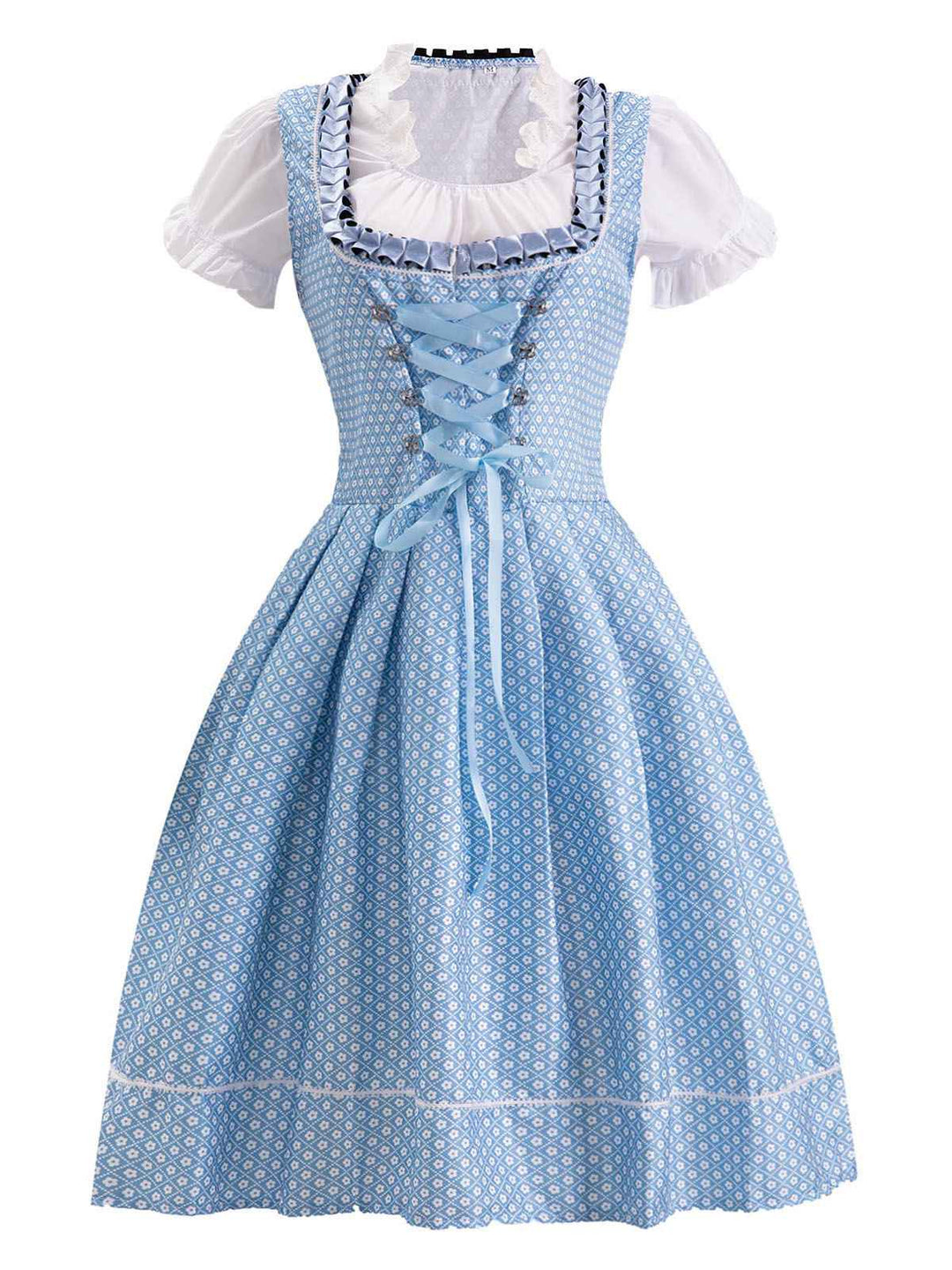 She slips into this Blue 1950s Oktoberfest Lace Patchwork Dress Set and suddenly it&