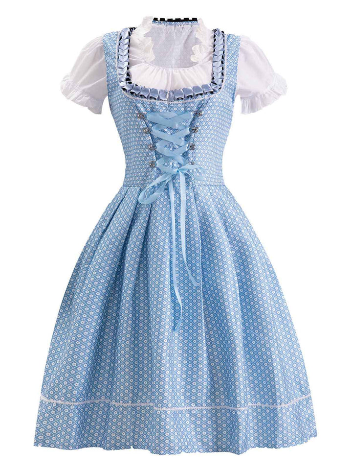 She slips into this Blue 1950s Oktoberfest Lace Patchwork Dress Set and suddenly it&