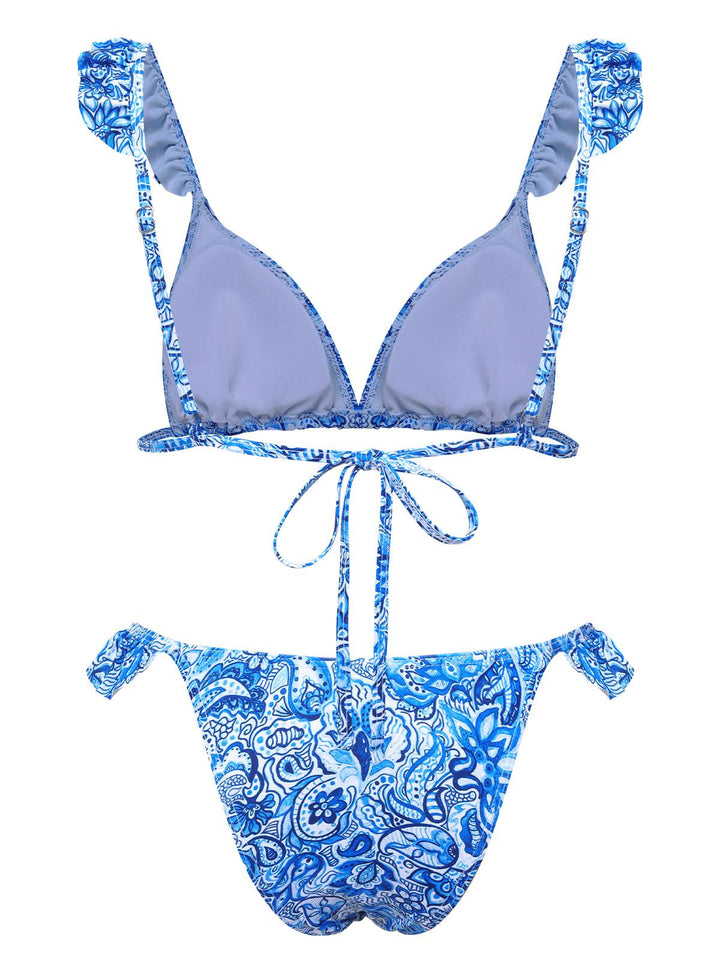 Blue 1950s Paisley Print Ruffle Trim Triangle Bikini Swimsuit, vintage swimsuit, pin-up swimwear - perfect for women who love vintage and retro fashion
