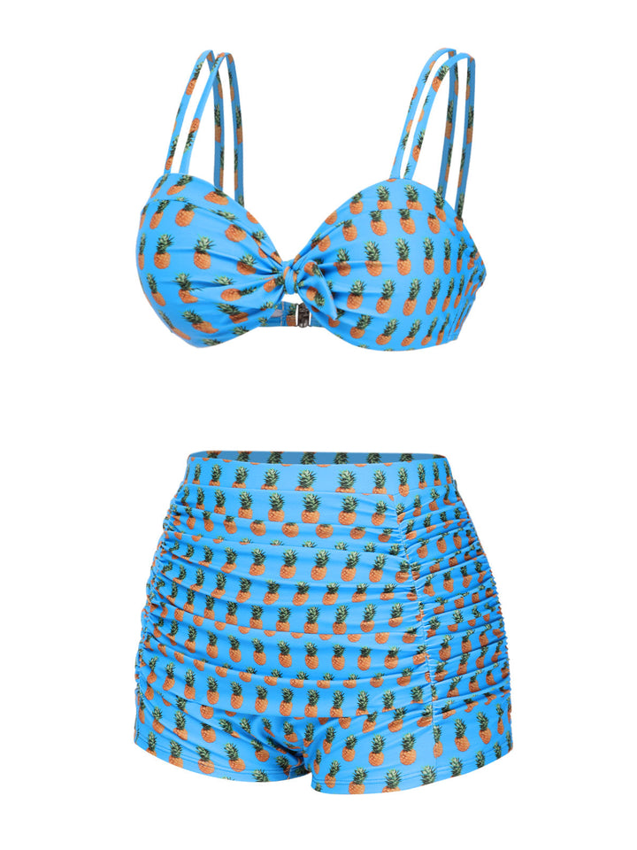 This Blue Pineapple Strap Bow Swimsuit carries vacation dreams in every stitch