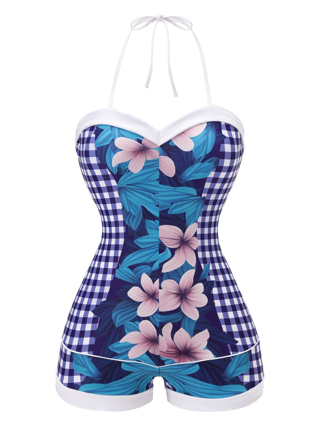 Blue 1950s Plaid Floral Swimsuit — vintage elegance for the modern woman