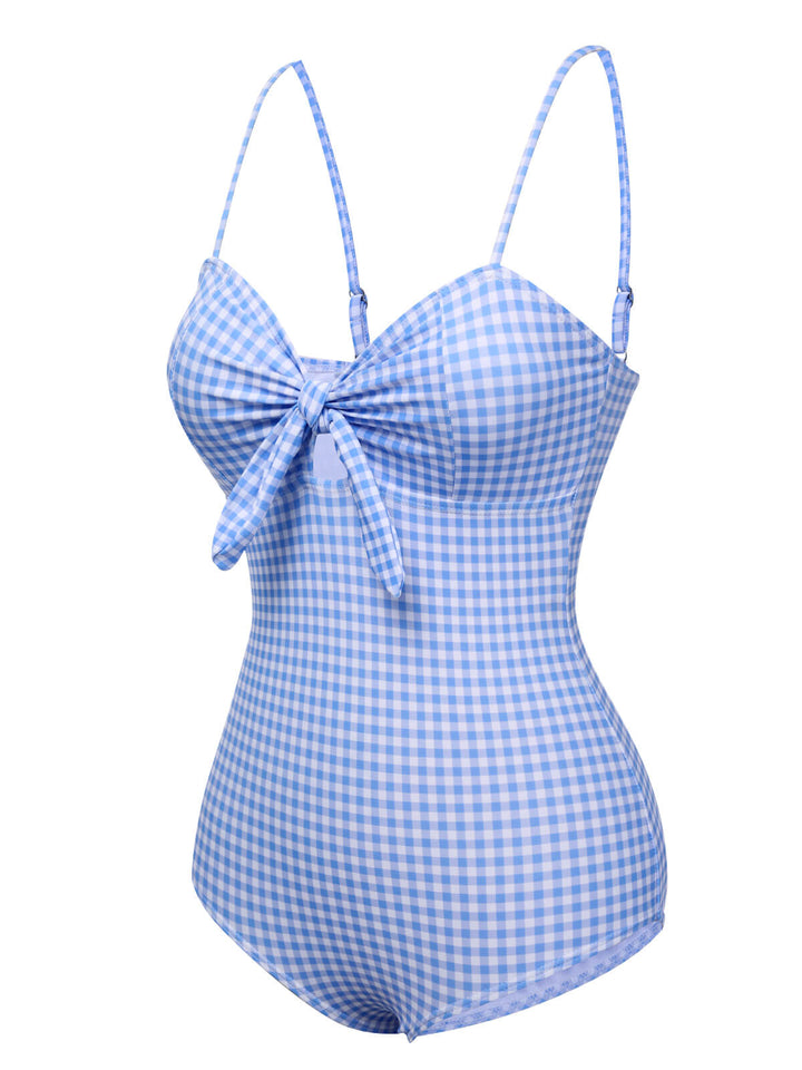 Blue 1950s Plaid Knot Strap Swimsuit, vintage swimsuit, pin-up swimwear - perfect for women who love vintage and retro fashion