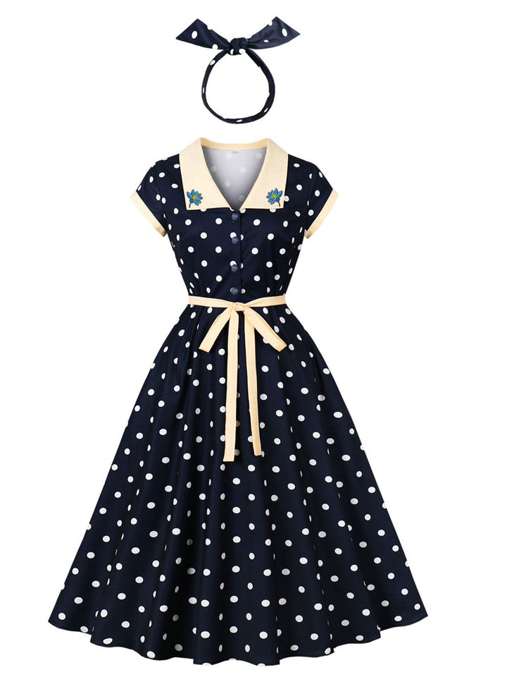 Blue 1950s Polka Dot Embroidered Floral Swing Dress, vintage dress, retro fashion, rockabilly, pin-up fashion - perfect for women who love vintage and retro fashion