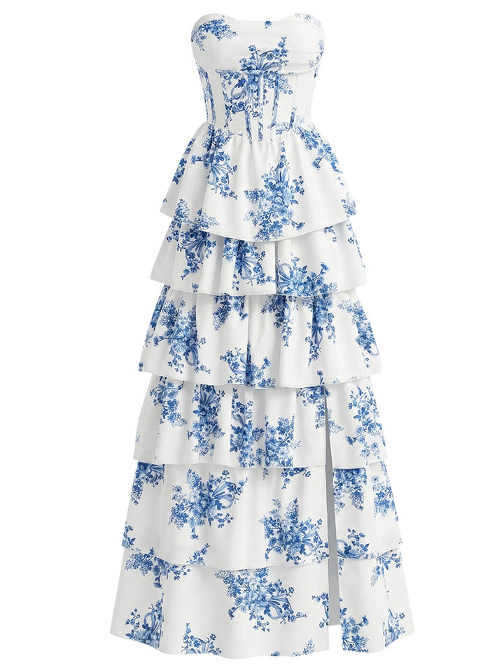 Blue 1930s Floral Strapless Fishbone Tiered Long Dress - vintage dress, retro fashion, floral print for vintage lovers
