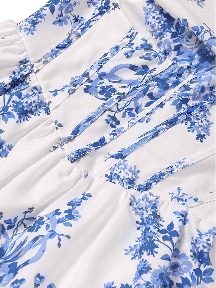 Blue 1930s Floral Strapless Fishbone Tiered Long Dress - vintage dress, retro fashion, floral print for vintage lovers