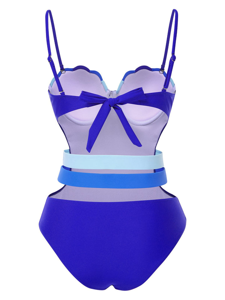This Blue Seashell Hollow One-Piece Swimsuit carries vacation dreams in every stitch