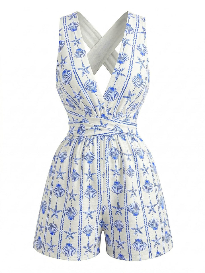 Blue 1950s Shell Print Cross-Back V-Neck Romper - vintage romper, retro jumpsuit for vintage lovers