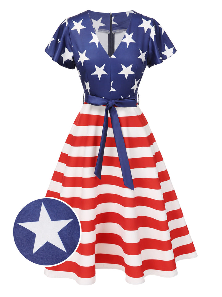 She slips into this Blue 1950s Star Stripe V-Neck Patchwork Dress and suddenly it&