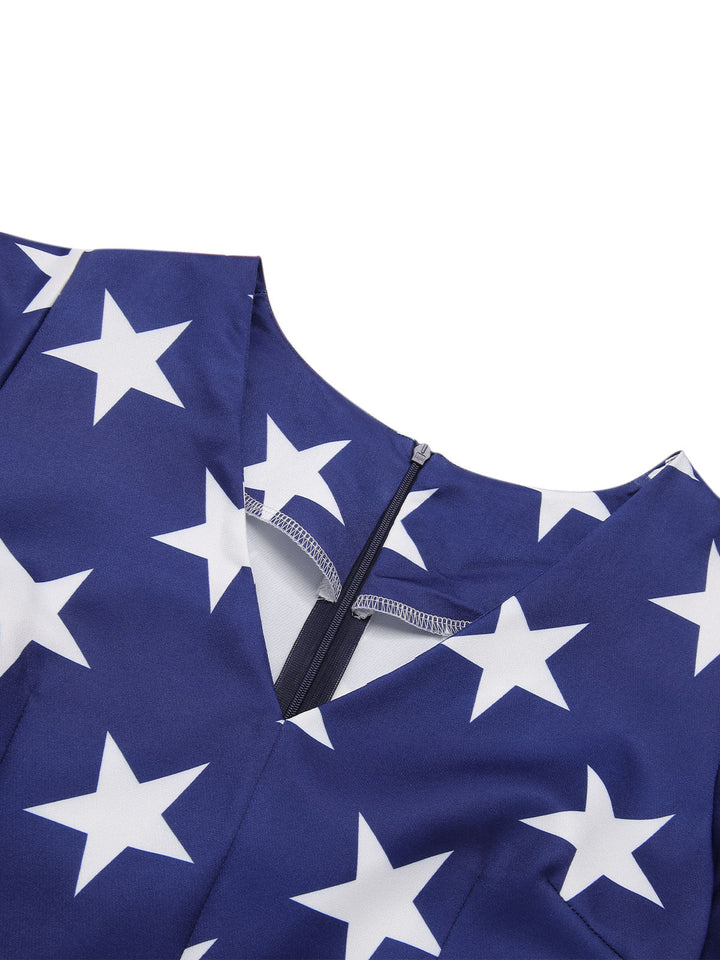 She slips into this Blue 1950s Star Stripe V-Neck Patchwork Dress and suddenly it&