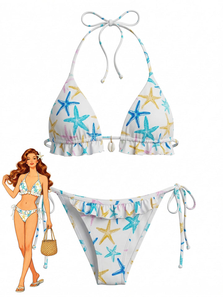 Blue Starfish Print Halter Ruffled Bikini Set - vintage swimsuit, swimwear for vintage lovers