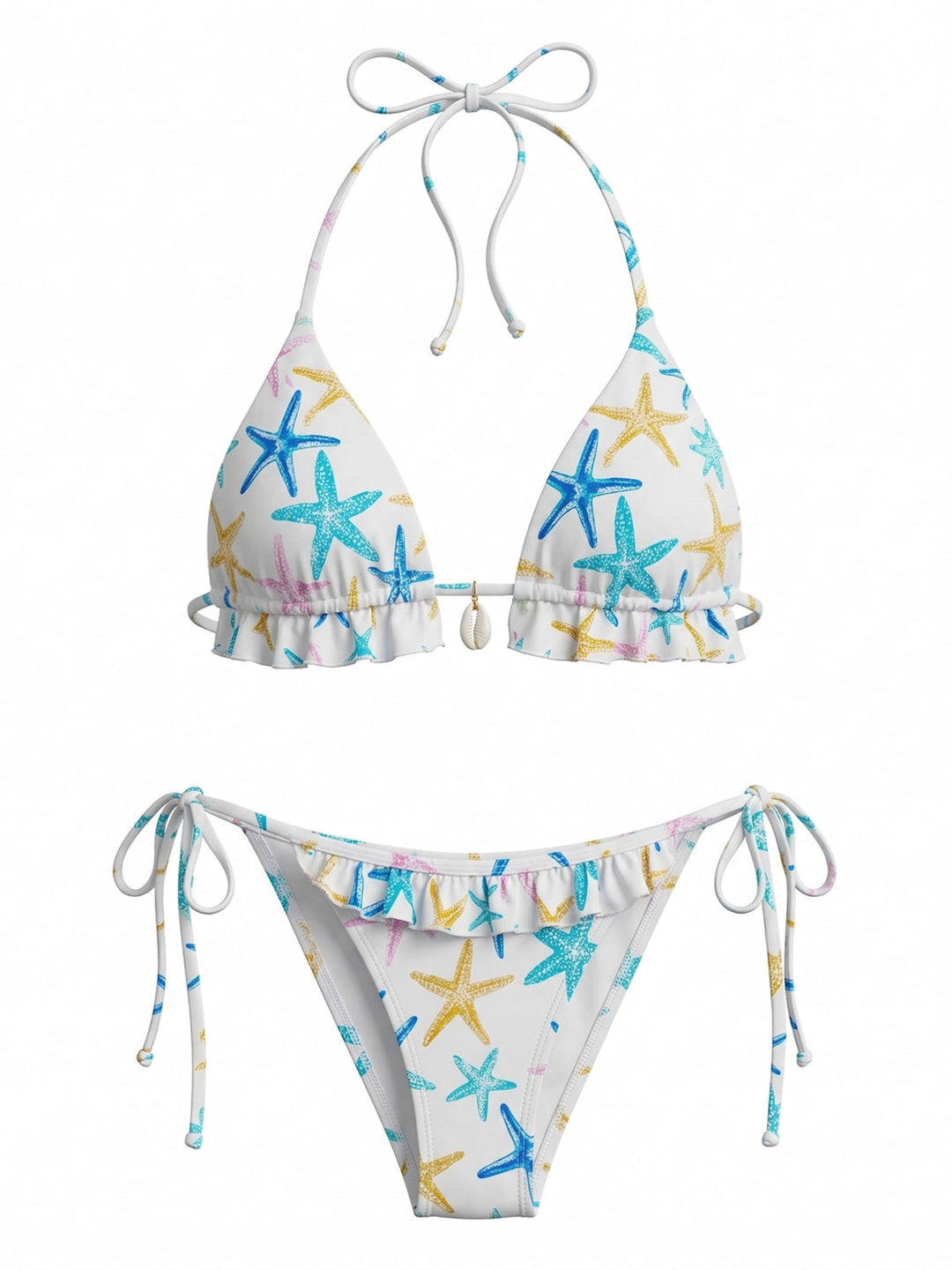 Blue Starfish Print Halter Ruffled Bikini Set - vintage swimsuit, swimwear for vintage lovers