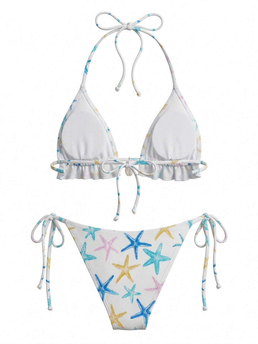Blue Starfish Print Halter Ruffled Bikini Set - vintage swimsuit, swimwear for vintage lovers