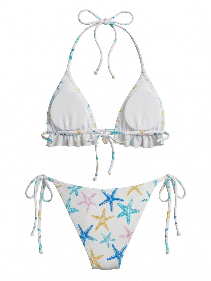 Blue Starfish Print Halter Ruffled Bikini Set - vintage swimsuit, swimwear for vintage lovers