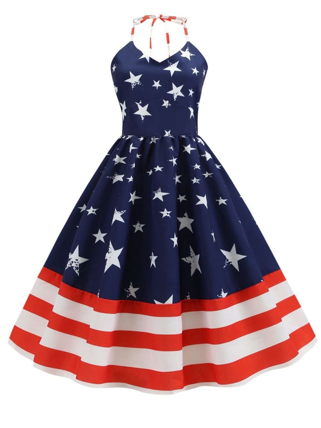 She slips into this Blue 1950s Stars &amp; Stripes Swing Dress and suddenly it&