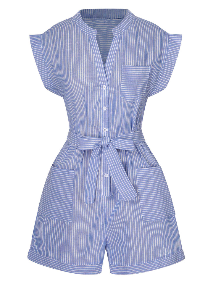 Blue 1950s Striped Belt Pocket Romper, vintage romper, retro jumpsuit - perfect for women who love vintage and retro fashion