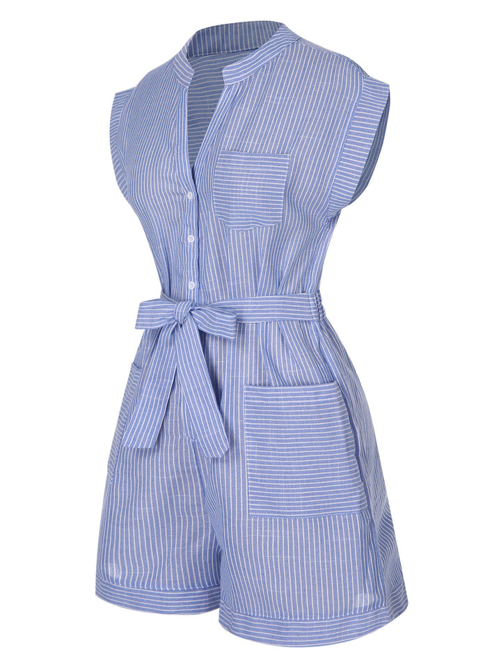 Blue 1950s Striped Belt Pocket Romper, vintage romper, retro jumpsuit - perfect for women who love vintage and retro fashion