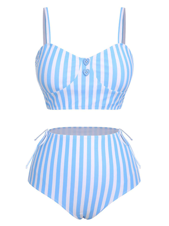 Blue 1950s Striped Heart Button Swimsuit, vintage swimsuit, pin-up swimwear - perfect for women who love vintage and retro fashion