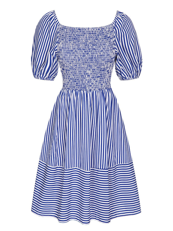 Blue 1950s Striped Raglan Square Neck Smocked Dress, vintage dress, retro fashion, rockabilly, pin-up fashion - perfect for women who love vintage and retro fashion