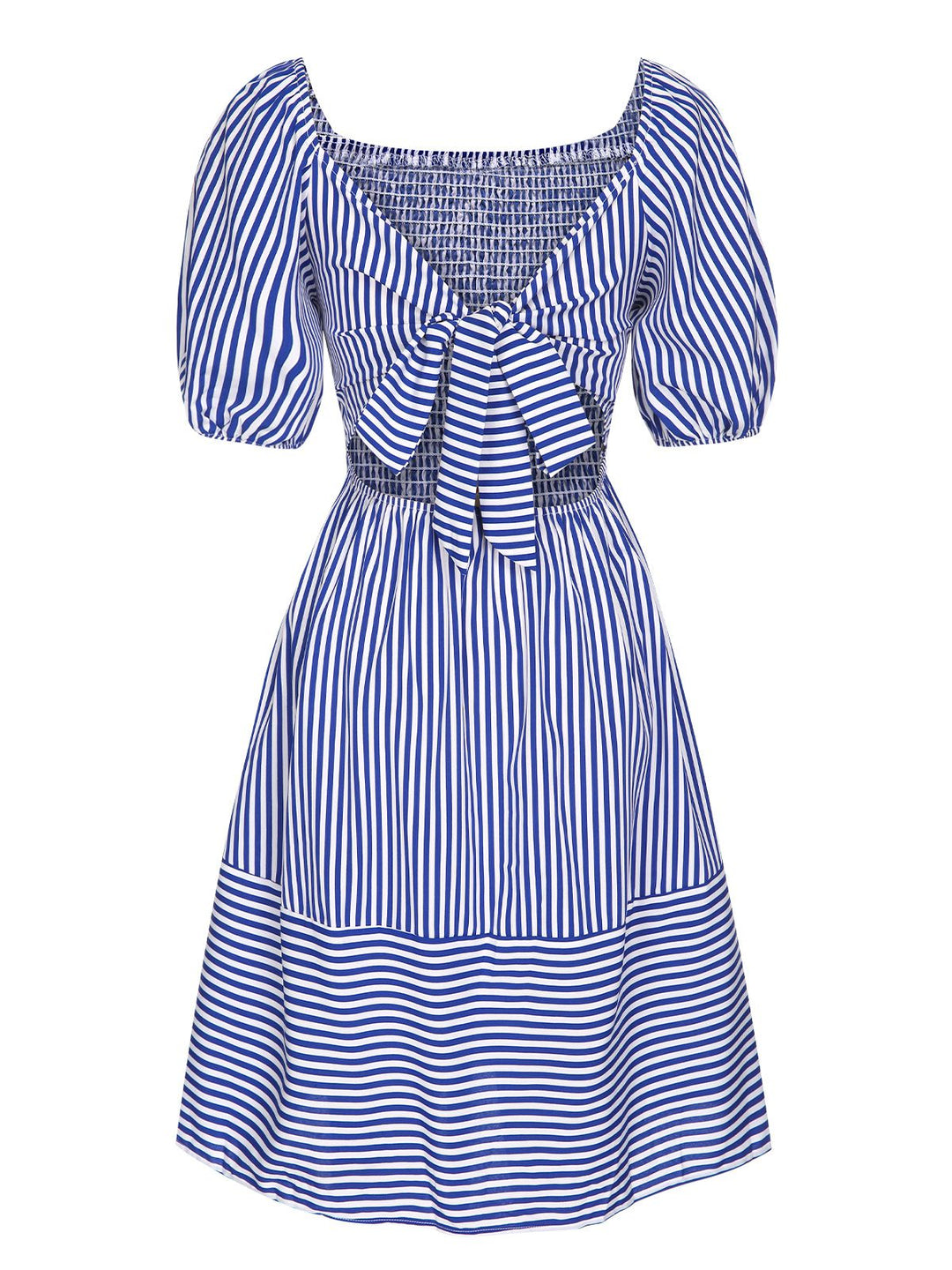 Blue 1950s Striped Raglan Square Neck Smocked Dress, vintage dress, retro fashion, rockabilly, pin-up fashion - perfect for women who love vintage and retro fashion