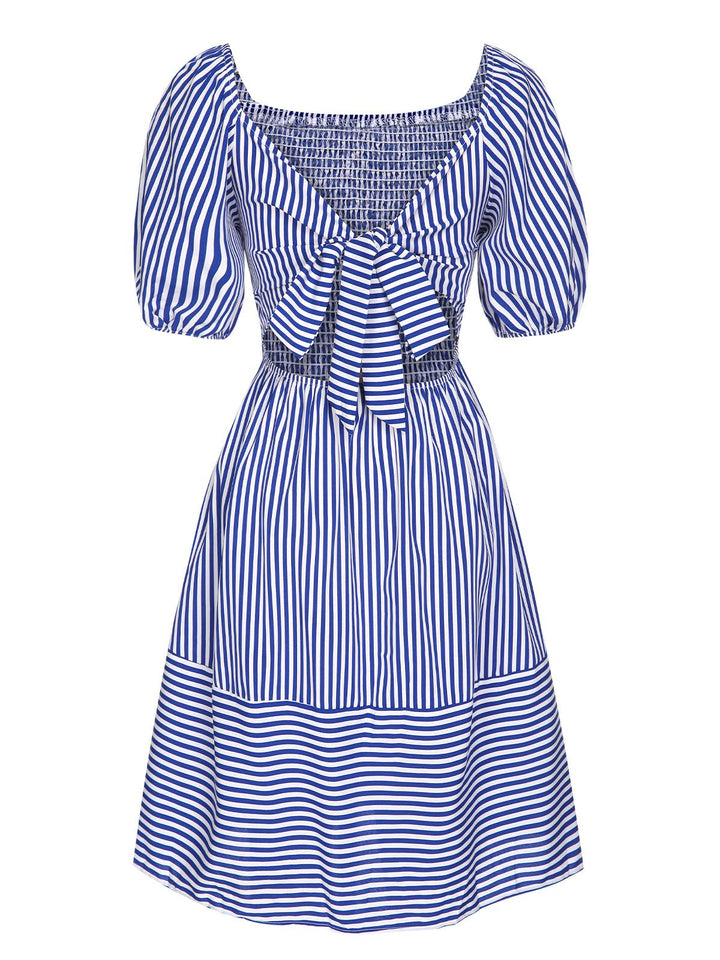 Blue 1950s Striped Raglan Square Neck Smocked Dress, vintage dress, retro fashion, rockabilly, pin-up fashion - perfect for women who love vintage and retro fashion