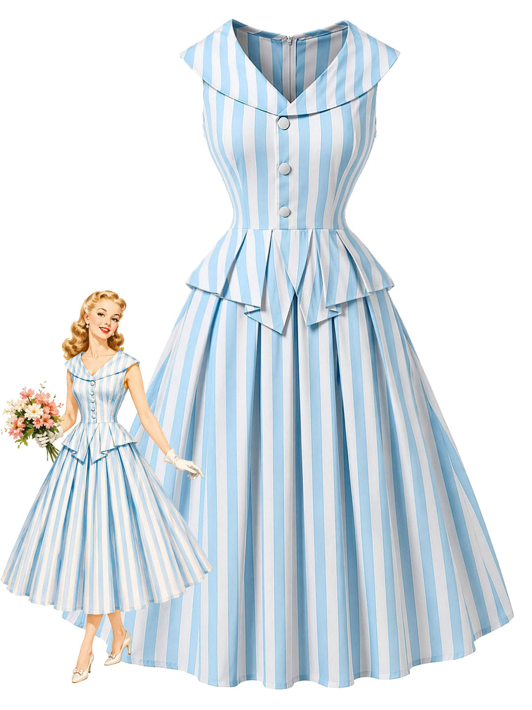 [Pre-Sale] Light Blue 1940s V Neck Striped Bow Dress