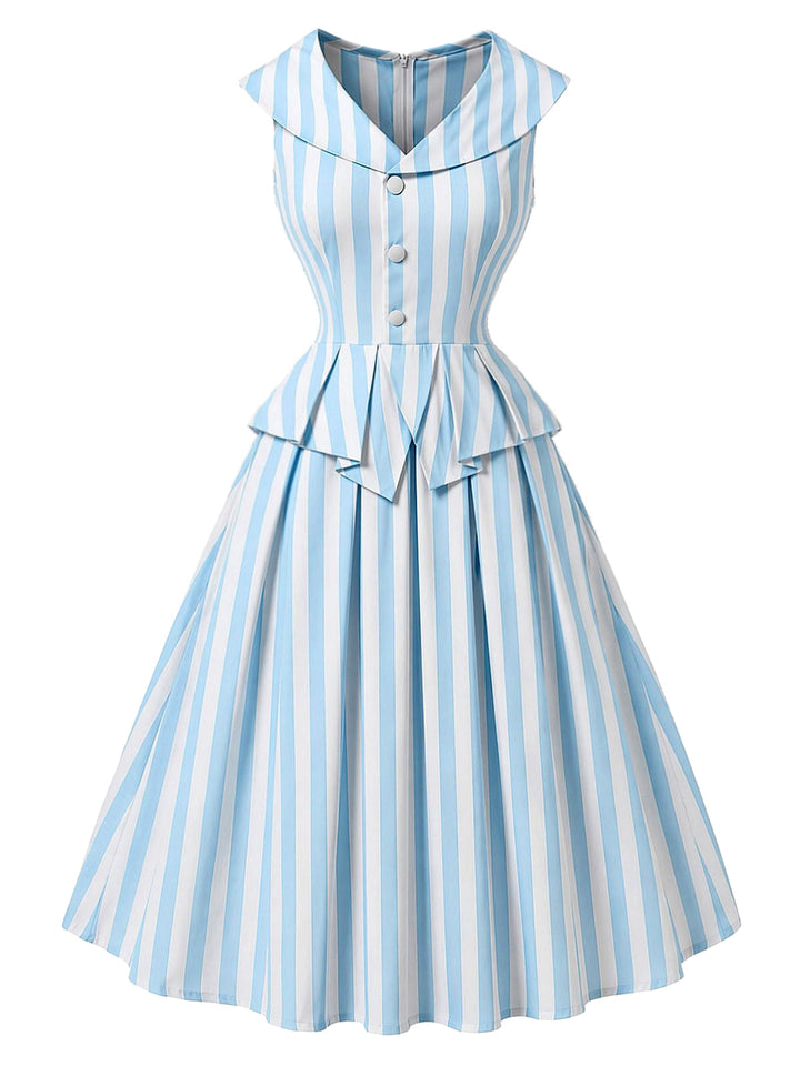 [Pre-Sale] Light Blue 1940s V Neck Striped Bow Dress 2