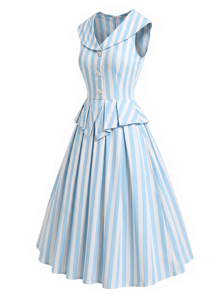 [Pre-Sale] Light Blue 1940s V Neck Striped Bow Dress 3