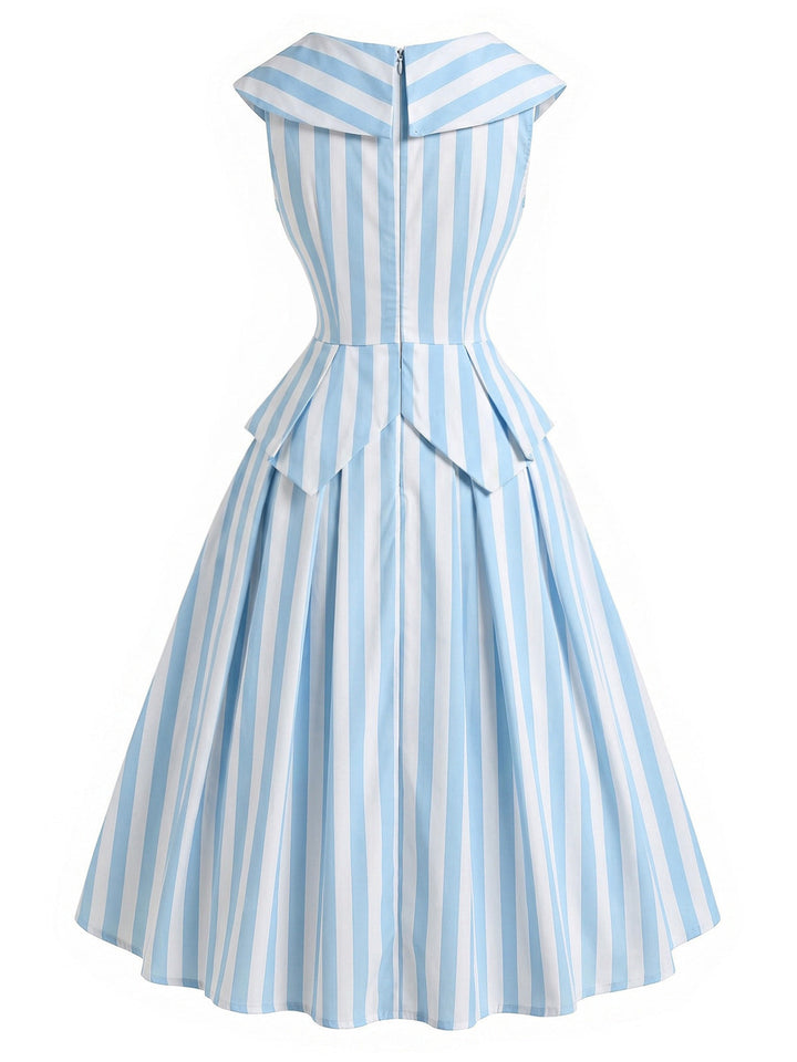 [Pre-Sale] Light Blue 1940s V Neck Striped Bow Dress 4