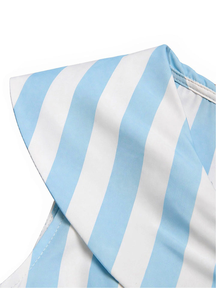 [Pre-Sale] Light Blue 1940s V Neck Striped Bow Dress 5