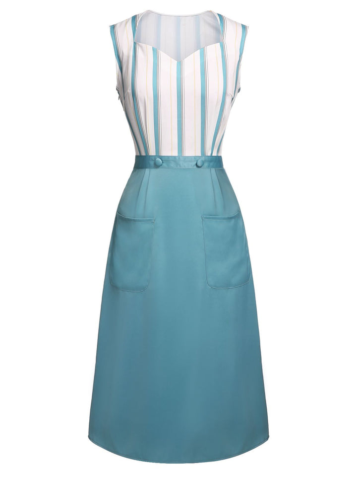 Blue 1950s Stripes Patchwork Pocketed Dress — vintage elegance for the modern woman