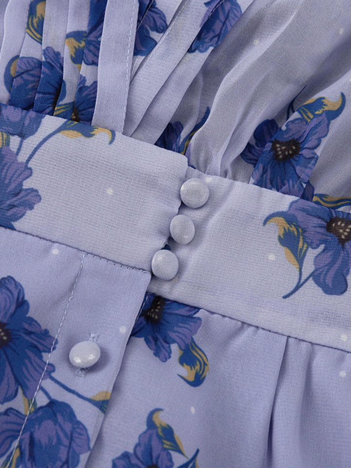 Blue 1950s V-Neck Puff Sleeve High Waist Dress 4