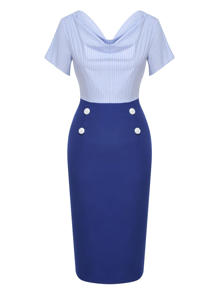 Blue 1960s Cowl Striped Lace-Up Wrap Dress, vintage dress, retro fashion, lace detail - perfect for women who love vintage and retro fashion