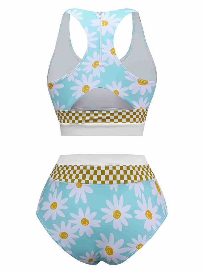 Blue 1960s Daisy Print Check Tankini Set - vintage fashion, retro style