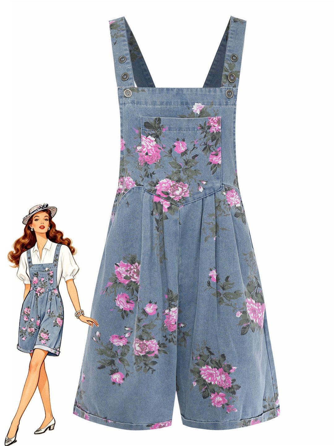 Blue 1960s Denim Floral Pocket Wide Strap Romper - vintage romper, retro jumpsuit, playful style for vintage lovers
