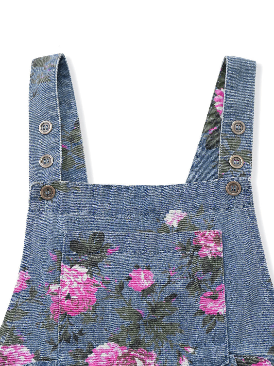 Blue 1960s Denim Floral Pocket Wide Strap Romper - vintage romper, retro jumpsuit, playful style for vintage lovers