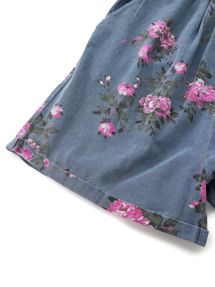 Blue 1960s Denim Floral Pocket Wide Strap Romper | vintage romper, retro jumpsuit, playful style - perfect for retro fashion enthusiasts