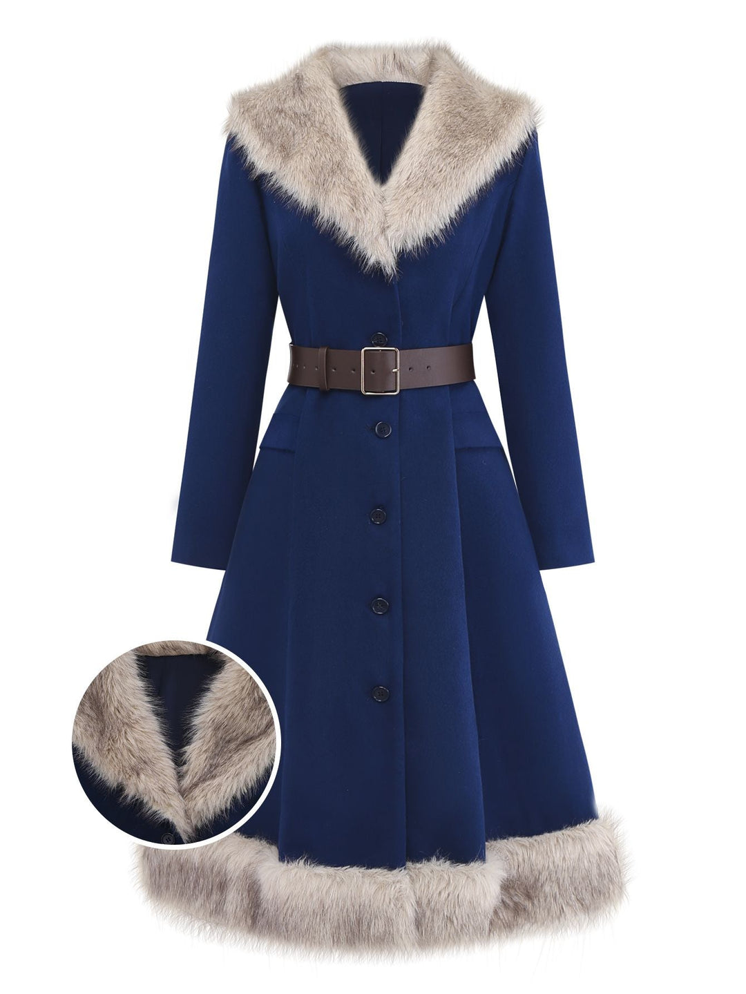 Blue 1960s Faux Fur-Lined Belted Coat - vintage fashion, style