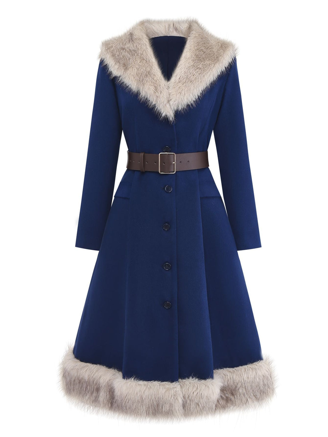 Blue 1960s Faux Fur-Lined Belted Coat - vintage fashion, style