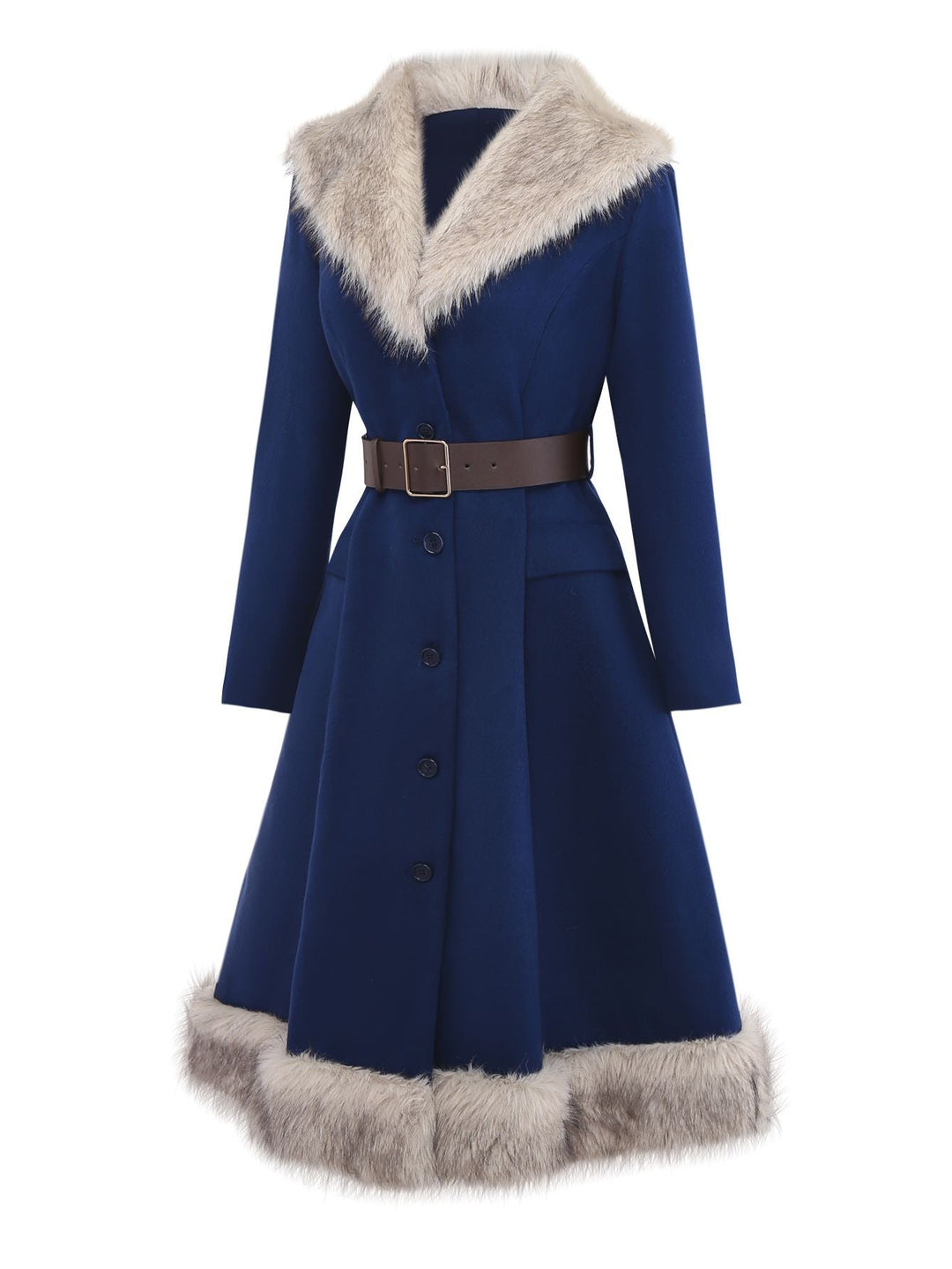 Blue 1960s Faux Fur-Lined Belted Coat - vintage fashion, style