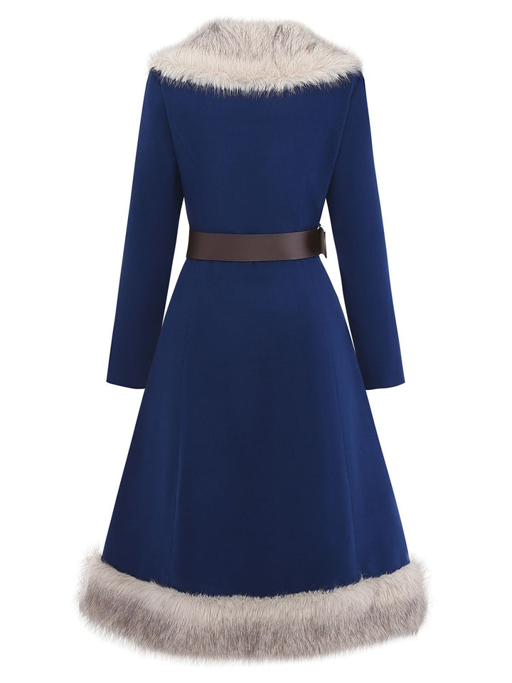 Blue 1960s Faux Fur-Lined Belted Coat - vintage fashion, style