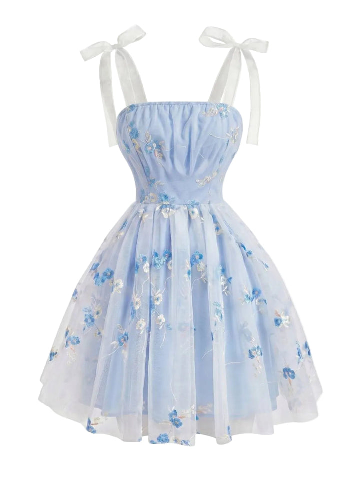 Blue 1960s Floral Embroidery Tulle Bow Spaghetti Strap Dress, vintage dress, retro fashion, floral print - perfect for women who love vintage and retro fashion