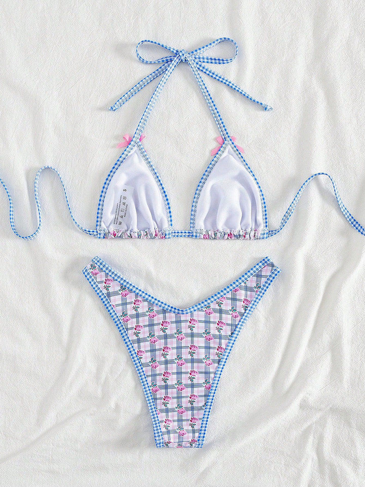 Blue Gingham Floral Bow Halter Triangle Bikini Set, vintage swimsuit, swimwear - perfect for women who love vintage and retro fashion